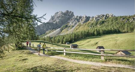 Green meadow with wooden fence and hiking trail against the mountain backdrop of the Dolomites on a sunny day.