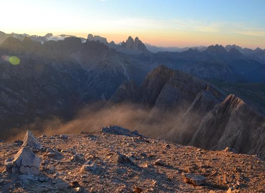 Sunrise at Dürrenstein with views of the surrounding mountain landscape of the Braies Dolomites