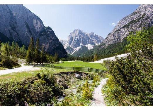 Hiking trail through the Innerfeld Valley with a stream, green alpine meadows and Dolomite peaks in the background.
