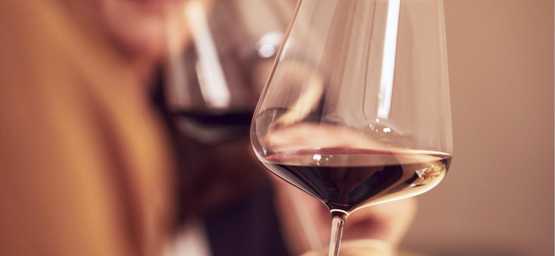 Close-up of a glass of red wine.