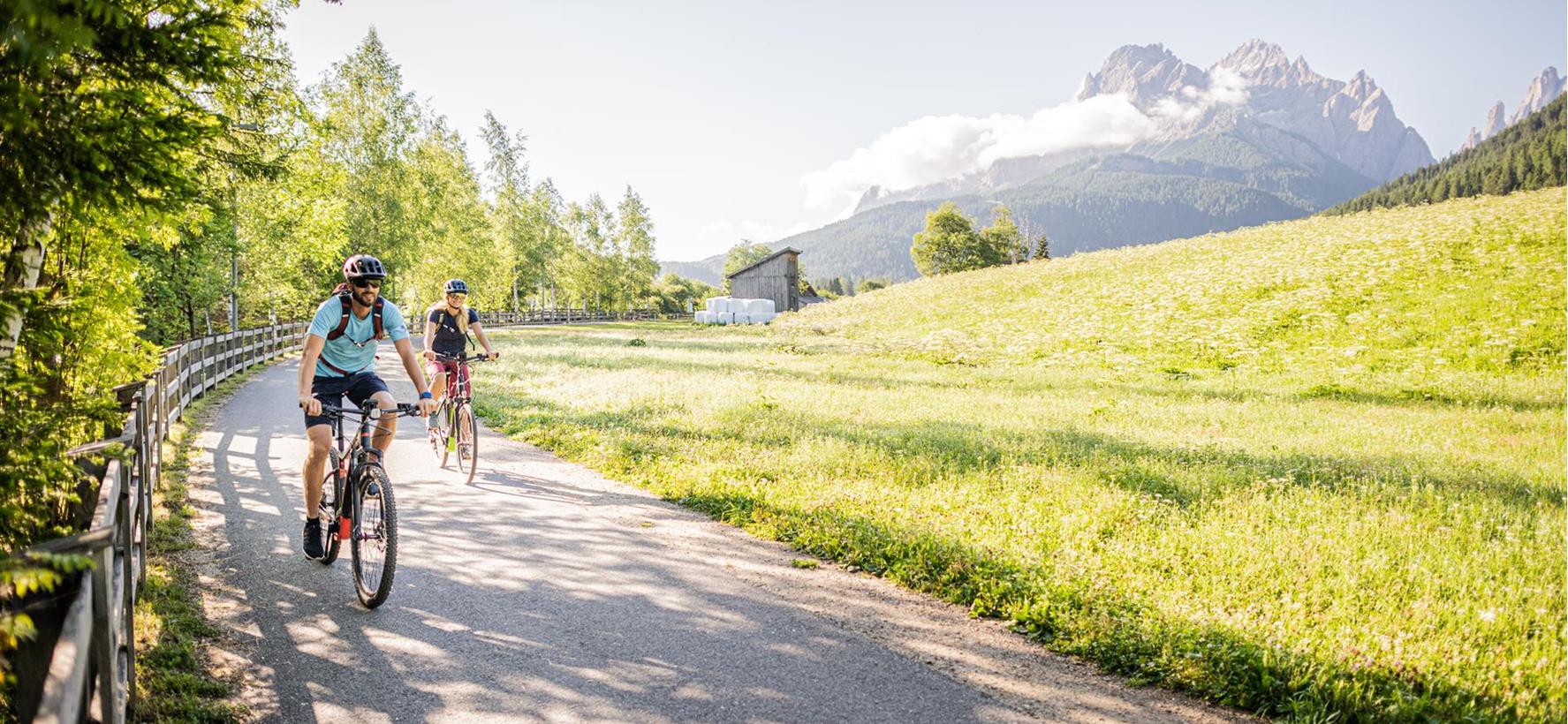 Two cyclists on a mountain road, with a summer meadow and the distinctive rocky backdrop of the Dolomites