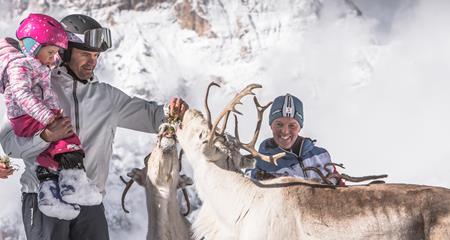 A man holding a child in his arms feeds reindeer in a snowy mountain landscape.