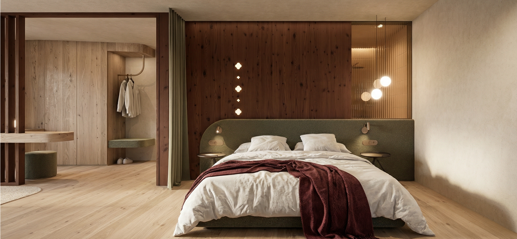 Modernes Schlafzimmer mit gemütlichem Doppelbett, warmer Beleuchtung, Holzelementen und integriertem Ankleidebereich.