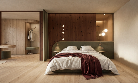 Modernes Schlafzimmer mit gemütlichem Doppelbett, warmer Beleuchtung, Holzelementen und integriertem Ankleidebereich.