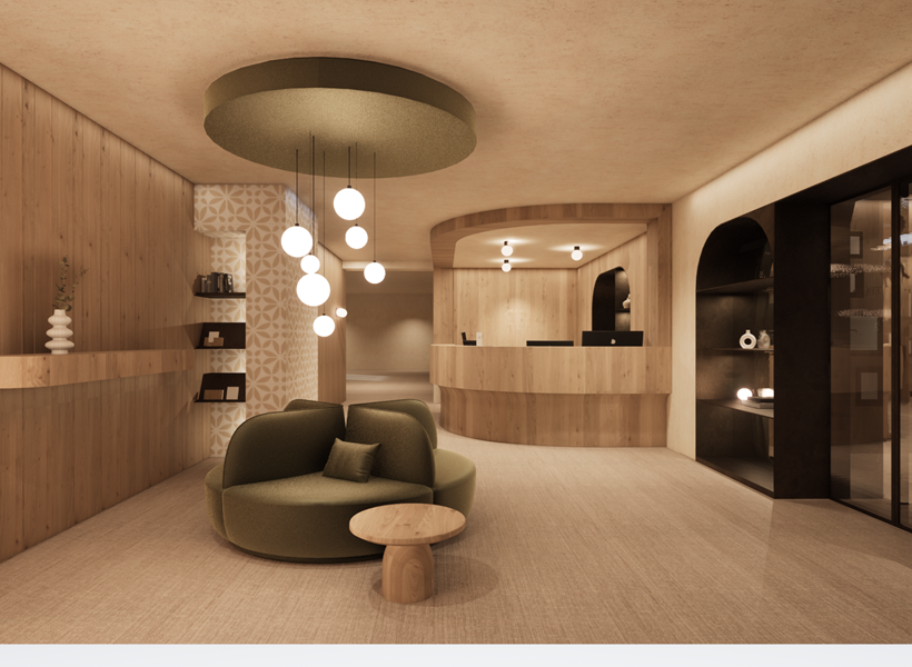 Modern wellness area at Villa Stefania with wood panelling, seating and atmospheric lighting.