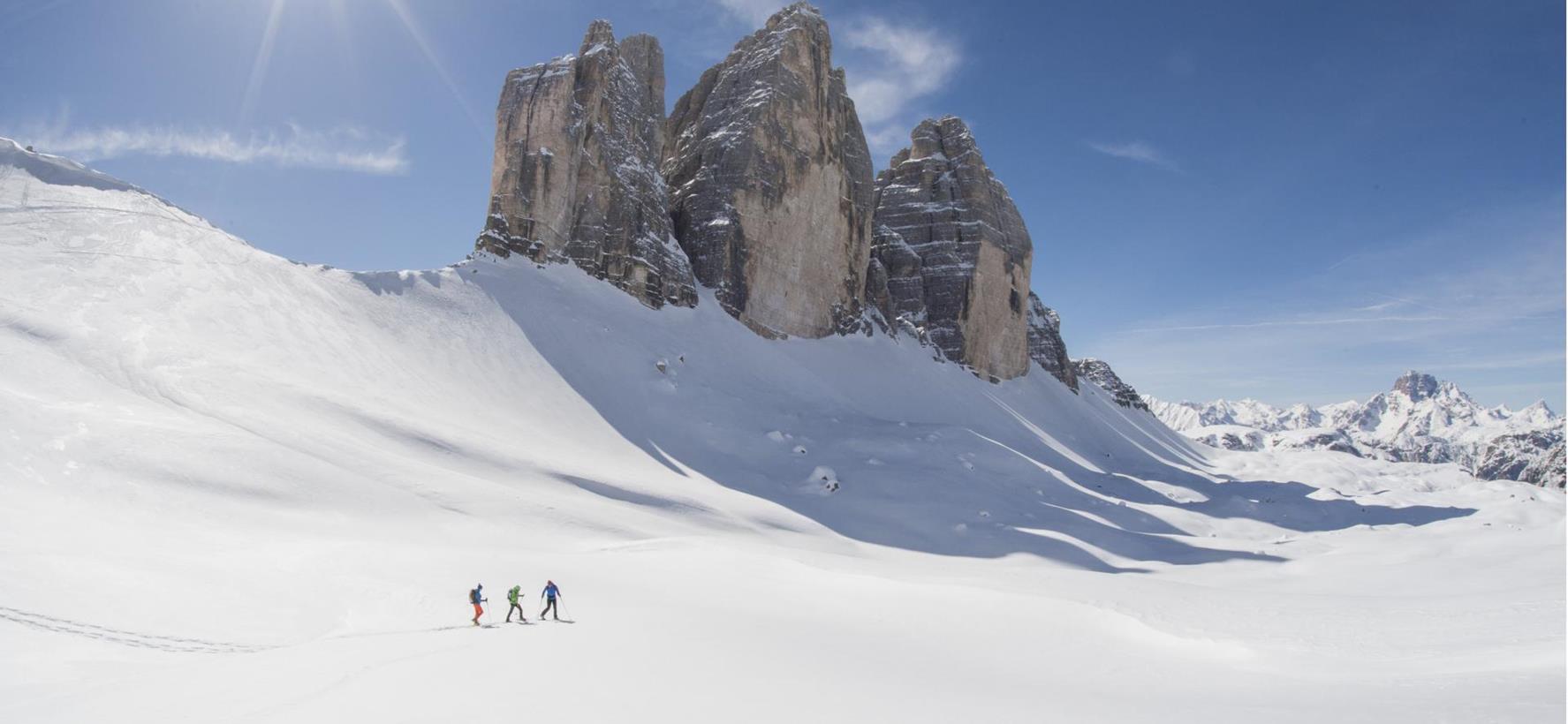 Ski tourers in the Tre Cime di Lavaredo area in the South Tyrolean Dolomites.