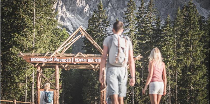 Family hiking on Mount Baranci in San Candido, surrounded by forests and the impressive rock faces of the Dolomites in the background.