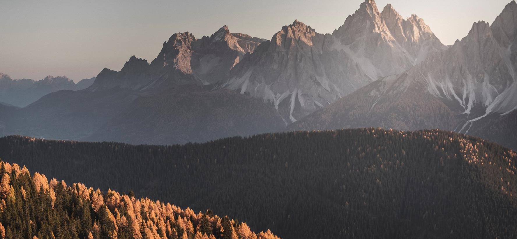 Boschi autunnali e le imponenti montagne delle Dolomiti illuminate dal sole.