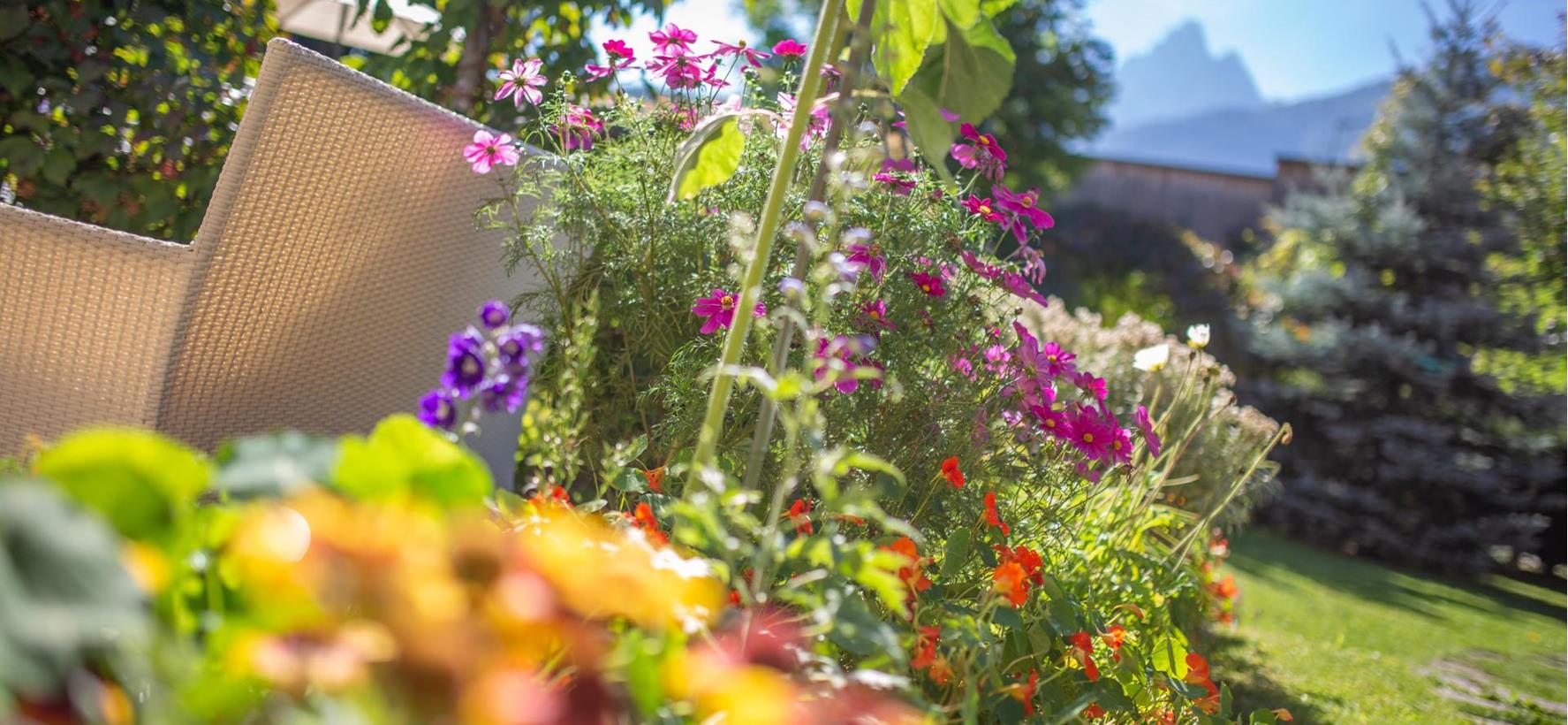 Der Garten im Hotel Villa Stefania mit verschiedenen Blumen, Bäumen und den Dolomitengipfeln im Hintergrund.