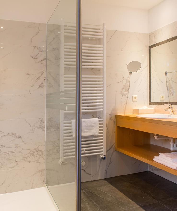 Romantic Suite bathroom with a shower, a large mirror and two washbasins.