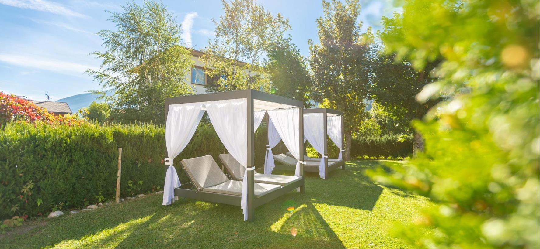 Garten der Villa Stefania mit großen Sonnenliegen umgeben von Bäumen.