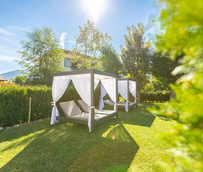 Garden of Villa Stefania with large sun loungers surrounded by trees.