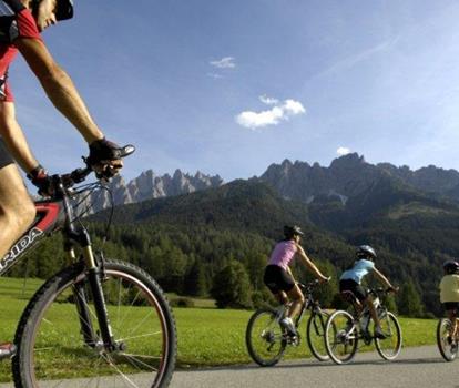 Ciclista in un paesaggio estivo con prati, boschi e imponenti montagne sullo sfondo.