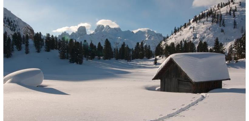Plätzwiese schneebedeckt mit Holzhütte, Wäldern und Bergen im Hintergrund.