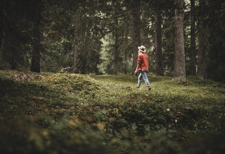 Eine Frau mit rotem Hemd und eine Hut geht durch den Wald.