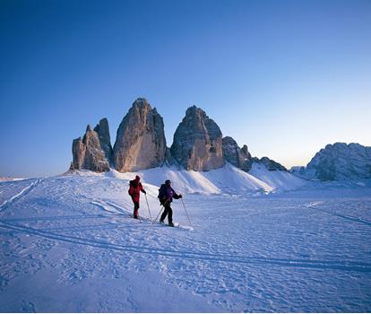 Ski tourers in the Tre Cime di Lavaredo area in the South Tyrolean Dolomites.
