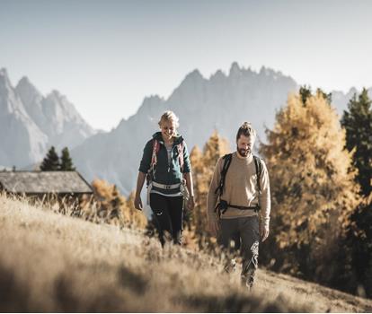 Due escursionisti su un prato dai colori autunnali accanto a un bosco, con le imponenti cime delle Dolomiti sullo sfondo.
