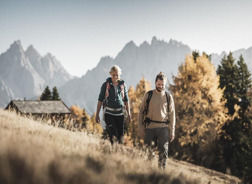 Zwei Wanderer auf einer herbstlich gefärbten Wiese neben einem Wald mit markanten Gipfeln der Dolomiten im Hintergrund.