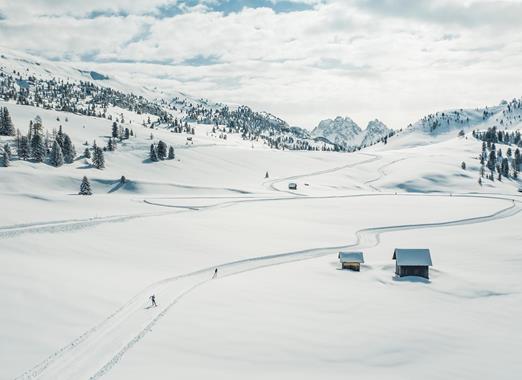 Prato di Prato Piazza innevato con piste da sci di fondo, alberi e montagne sullo sfondo.
